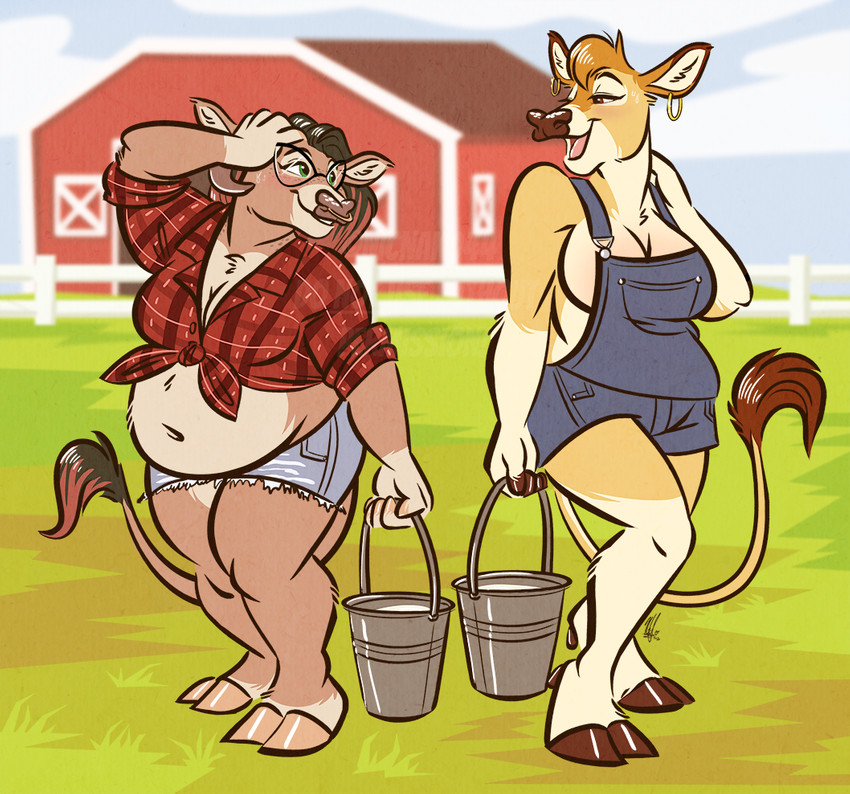 anthro barn belly big_belly breasts clothing crop_top duo ear_piercing ear_ring facial_piercing farm farmer farming female female/female field hooves horn nose_piercing overalls pattern_clothing pattern_shirt pattern_topwear piercing plaid plaid_clothing plaid_shirt plaid_topwear ring_piercing septum_piercing shirt tied_shirt topwear nicnak044 jacqueline_(nicnak044) bovid bovine cattle jersey_cattle mammal