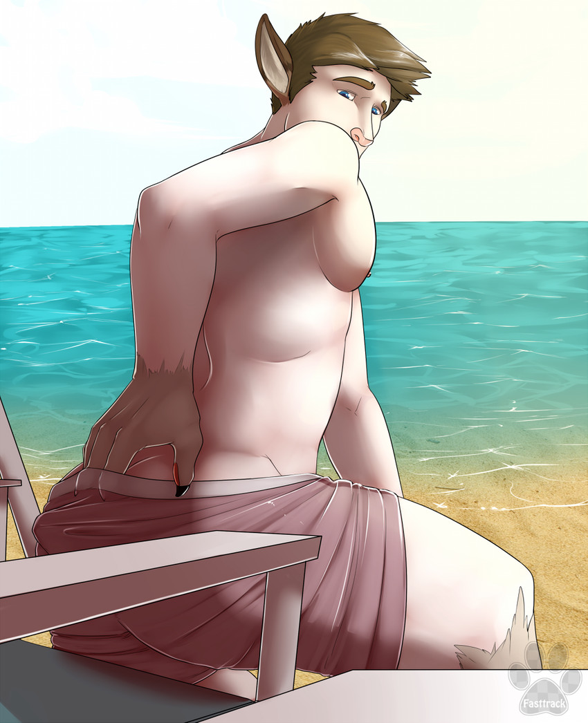 beach blue_eyes bottomwear brown_hair butt chair clothed clothing cloud cooler detailed_background fur furniture growth hair long_ears looking_at_viewer looking_back looking_back_at_viewer male nipples outside pawpads sand sea seaside shorts sitting sky snout snout_growth solo species_transformation swimwear tail tail_growth tail_growth_in_pants tail_tenting topless transformation water fasttrack37d moka_(character) canid human mammal 2013 digital_media_(artwork) hi_res story story_in_description