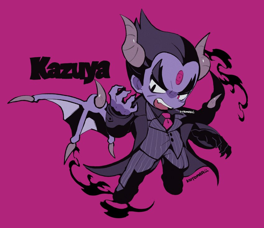 black_hair clothing hair horn male membrane_(anatomy) membranous_wings necktie not_furry open_mouth purple_body purple_skin simple_background solo suit text wings kotorai tekken tekken_8 devil_kazuya kazuya_mishima demon demon_humanoid humanoid english_text signature