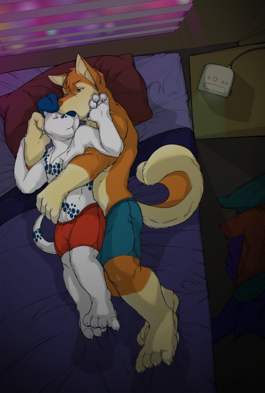 anthro bed boxers_(clothing) brown_eyes clothed clothing cuddling duo eyes_closed fur furniture hug male male/male on_bed romantic romantic_couple sleeping tail topless underwear redrusker kyle_(redrusker) sea_salt canid canine canis dalmatian domestic_dog husky mammal nordic_sled_dog spitz digital_media_(artwork) hi_res