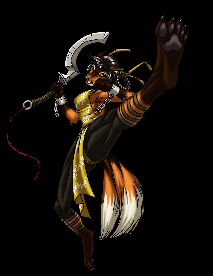 2_tails anthro barefoot chain clothed clothing cuff_(restraint) feet female high_kick kick kung_fu looking_at_viewer martial_artist martial_arts martial_arts_uniform melee_weapon monk multi_tail panties panty_shot pawpads restraints role-playing_game simple_background solo sportswear sword tail templeblade transparent_background underwear weapon wrist_cuffs prodigyduck paizo pathfinder canid canine fox mammal alpha_channel hi_res official_art