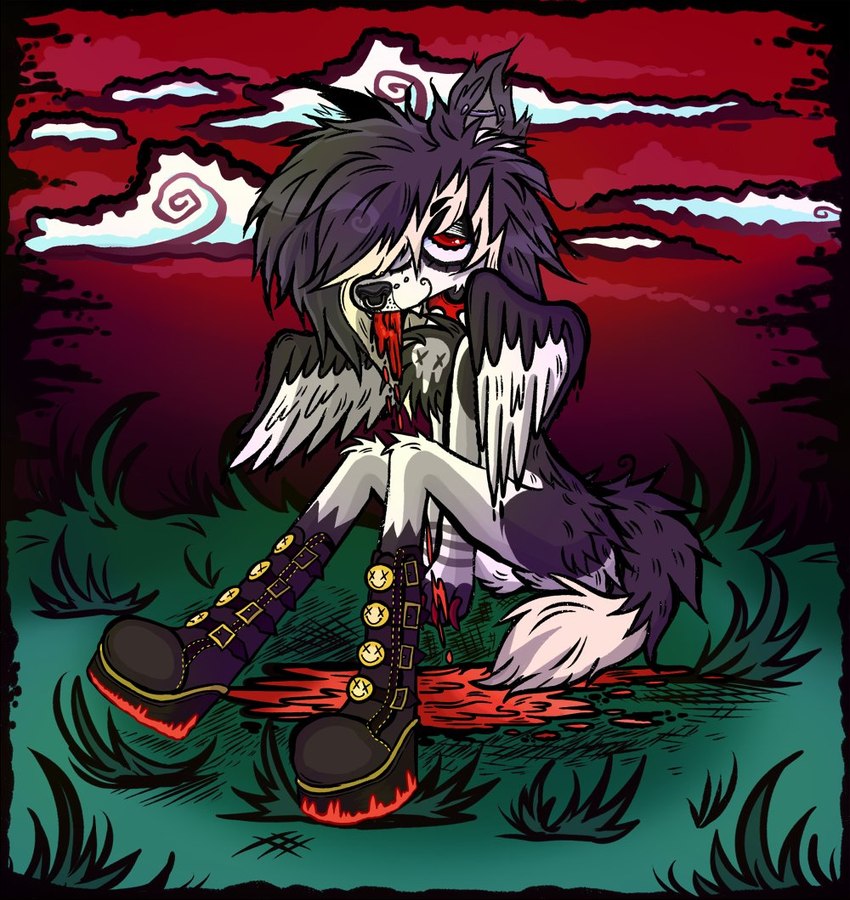 alternative_fashion ambiguous_gender anthro blood bodily_fluids boots clothed clothing detailed_background emo footwear glamfur grass outside plant platform_boots platform_footwear scene_haircut shoes sitting solo spitthesauce yru_shoes canid canine mammal