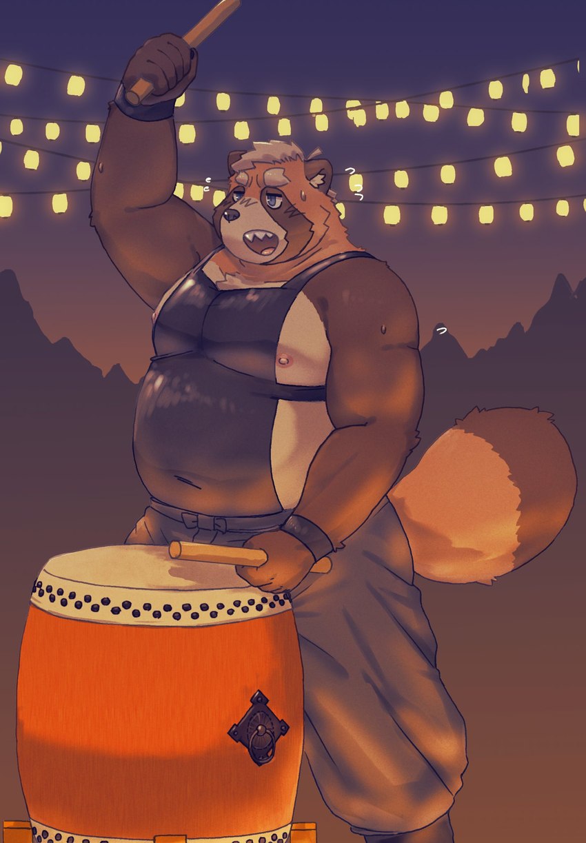 anthro asian_clothing belly big_belly bodily_fluids brown_body clothing drum east_asian_clothing festival humanoid_hands japanese_clothing kemono male moobs musical_instrument night nipples outside overweight overweight_male percussion_instrument solo sweat taiko_drum maron2475 canid canine mammal raccoon_dog tanuki 2022 hi_res