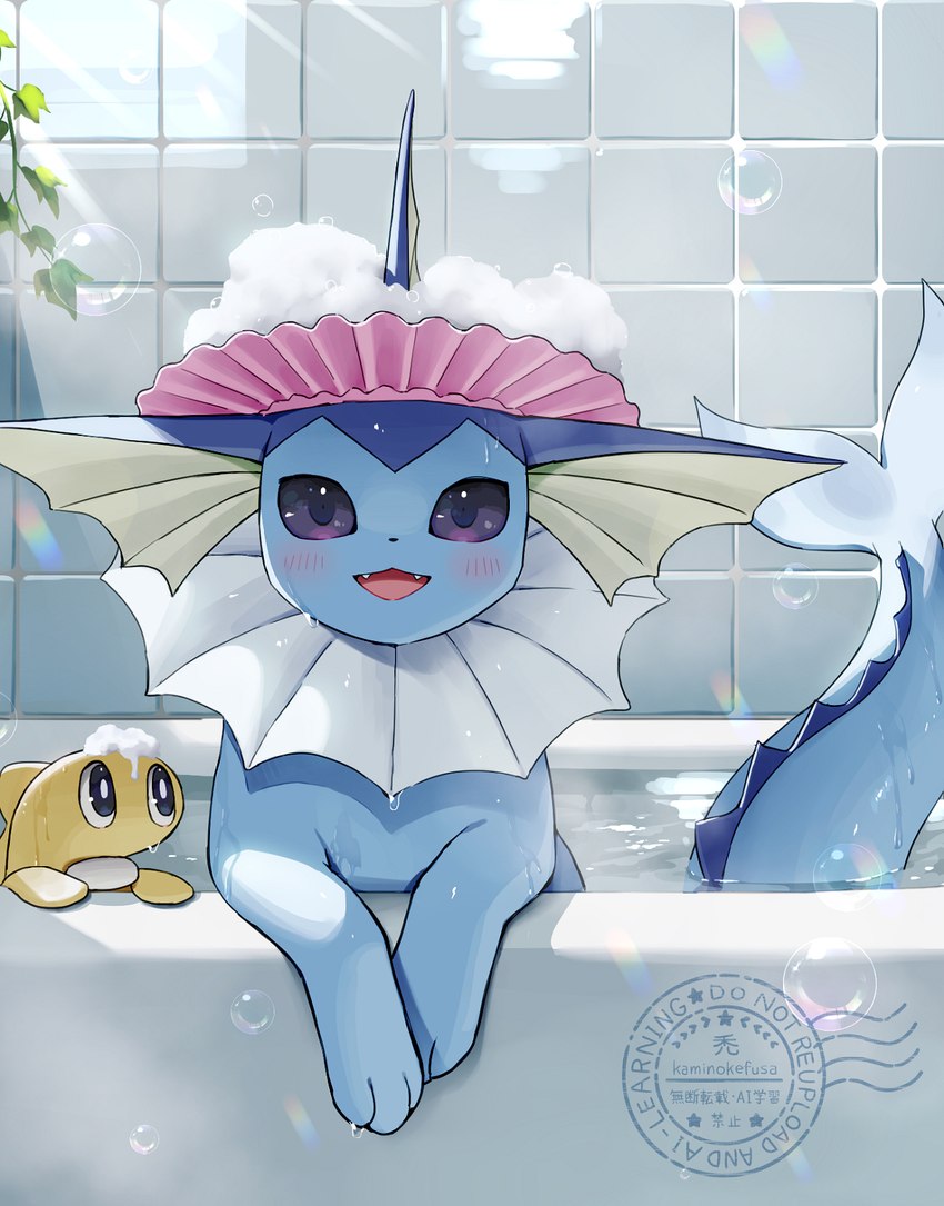 ambiguous_gender bath bathing bathtub blue_body blush bubble cute_fangs daww duo fangs feral fin foam frill_(anatomy) kemono looking_at_viewer open_mouth paws purple_eyes tail teeth water wet wet_body white_body yellow_body kaminokefusa nintendo pokemon eeveelution generation_1_pokemon generation_9_pokemon pokemon_(species) tatsugiri tatsugiri_(stretchy_form) vaporeon 2025 digital_media_(artwork) hi_res watermark