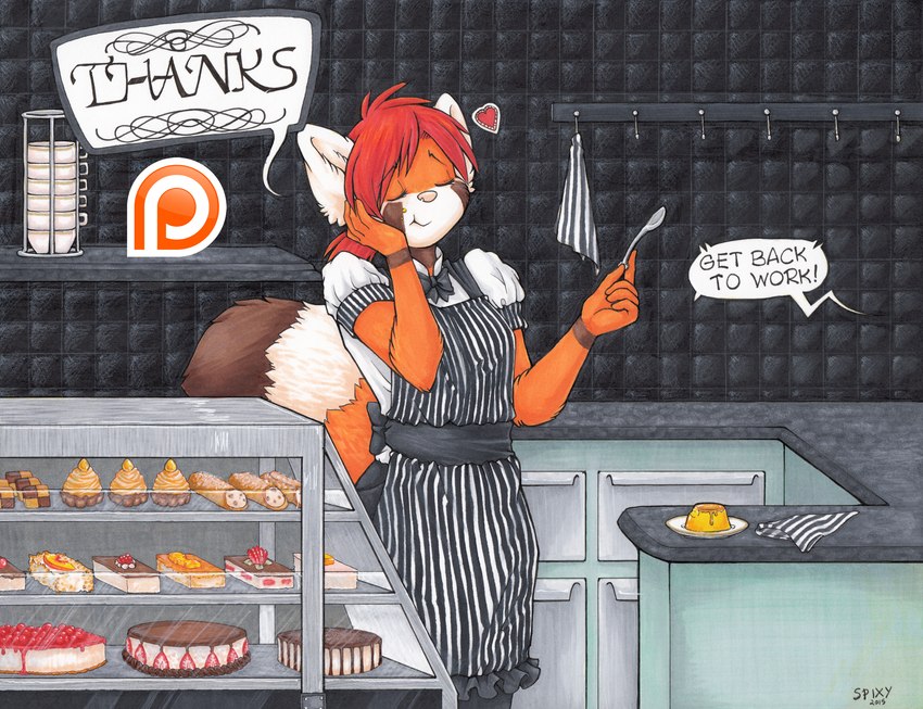 anthro apron arm_markings biped black_markings bow_accessory cake clothed clothing cutlery dessert dialogue eating eyebrows eyes_closed facial_markings female flan fluffy fluffy_tail food hair head_markings heart_symbol holding_spoon inside kitchen_utensils markings offscreen_character orange_body pink_nose red_hair ring_(marking) shirt solo speech_bubble spoon tail text tools topwear white_clothing white_ears white_shirt white_topwear wrist_markings malachyte patreon ailurid mammal red_panda 2015 detailed english_text hi_res