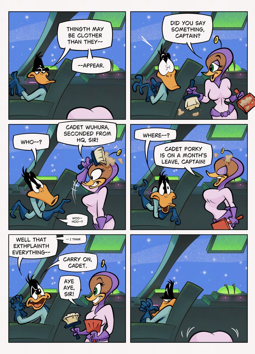 anthro big_breasts big_butt breasts butt dialogue duo female green_eyes male smile text thick_thighs wide_hips stanmort duck_dodgers looney_tunes warner_brothers cadet_wuhura_(duck_dodgers) daffy_duck anatid anseriform avian bird duck comic english_text hi_res