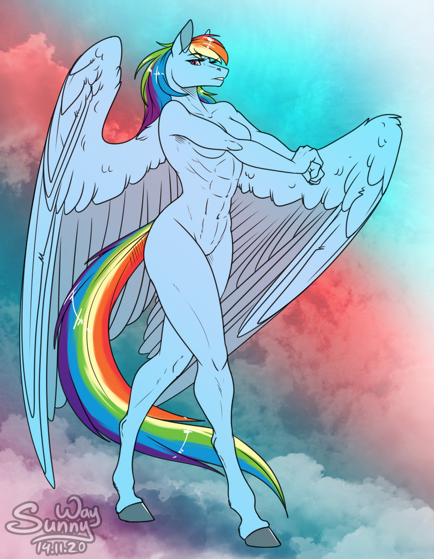 abs anthro cloud feathers female hooves looking_at_viewer morning muscular muscular_anthro muscular_female nude outline pose sky solo unguligrade warmup wings sunny_way friendship_is_magic hasbro my_little_pony mythology rainbow_dash_(mlp) equid equine mammal mythological_creature mythological_equine pegasus 2020 digital_media_(artwork) hi_res pinup sketch