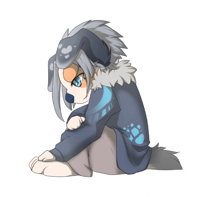 ambiguous_gender anthro blue_eyes blue_nose clothed clothing grey_hair hair simple_background solo white_background rikitoka canid canine canis domestic_dog mammal