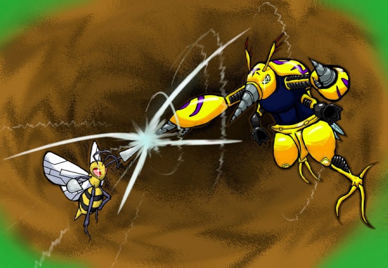 ambiguous_gender antennae_(anatomy) battle brown_background drill drill_arm drill_nose duo feral green_eyes horn insect_wings red_eyes simple_background wings h_box bandai_namco digimon nintendo pokemon arthropod beedrill beetle digimon_(species) digmon generation_1_pokemon hymenopteran insect pokemon_(species) crossover