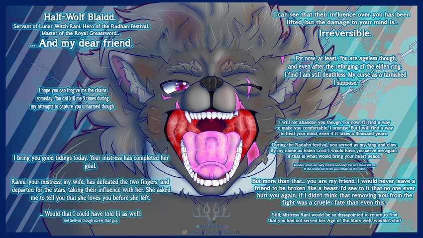 anthro atelierphos bdsm bondage bound male mouth_shot open_mouth solo text therapy uvula phosphobos elden_ring fromsoftware blaidd_(elden_ring) phos canid canine canis mammal wolf english_text hi_res