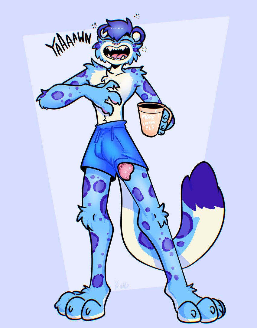 anthro athletic_wear beverage big_feet blue_background blue_body blue_fur blue_hair blue_spots bottomwear clothing coffee coffee_mug erection eyes_closed fangs feet fur genitals gym_bottomwear gym_shorts hair hybrid_genitalia hybrid_penis male markings open_mouth penile_spines penis penis_poking_out penis_through_leghole shorts simple_background solo sound_effects spots spotted_body spotted_fur teeth text wardrobe_malfunction white_body white_fur yawn xing1 meru_(meru) felid feline leopard mammal pantherine snow_leopard absurd_res english_text hi_res