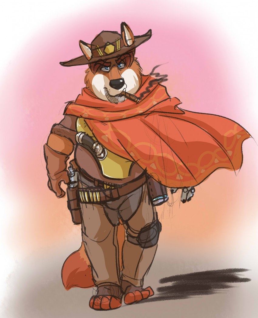 anthro black_nose bottomwear cape clothing cowboy hat headgear headwear humanoid_hands male pants slightly_chubby smoking solo captainjusticevirtsuoso blizzard_entertainment disney overwatch zootopia cole_cassidy gideon_grey canid canine fox mammal red_fox true_fox 2016 hi_res