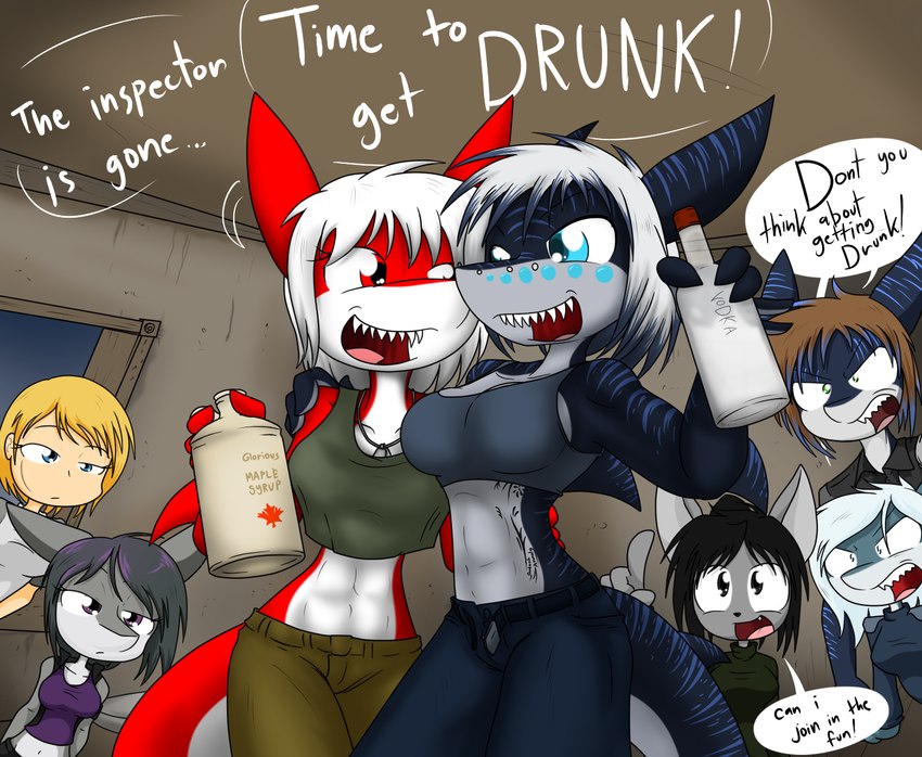 abs alcohol anthro beverage big_breasts black_hair blonde_hair blue_body blue_eyes blue_hair blue_scales blue_stripes bottomwear breasts cleavage clothed clothing countershading crop_top denim denim_bottomwear denim_clothing detailed_background dialogue eyelashes facial_piercing female fingers fur green_eyes grey_body grey_fur grey_scales group hair huge_breasts jeans jewelry maple_leaf maple_syrup midriff multicolored_body multicolored_hair multicolored_scales muscular muscular_anthro muscular_female navel necklace nose_piercing pants piercing purple_eyes purple_hair red_body red_eyes red_scales scales scar sharp_teeth shirt simple_eyes smile standing striped_body striped_scales stripes syrup tan_body tan_skin tank_top tattoo teal_eyes teeth text tongue topwear vodka white_body white_hair white_scales sandwich-anomaly alison_hereford candelia_(canasharka) cyana_(code-blocker) jax_valkyr lir_azoirus nika_sharkeh vanessa_(sandwich-anomaly) domestic_cat felid feline felis fish human mammal marine shark 2016 digital_media_(artwork) english_text