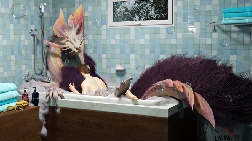 ambiguous_gender barefoot bath bathing bathing_together bathroom bestiality bodily_fluids bubble claws detailed_background dispenser duo face_in_chest feet feral fluffy fluffy_chest fluffy_tail fur green_body green_scales hair hand_on_chest hand_on_head head_on_chest hug human_on_feral inside interspecies larger_ambiguous larger_feral looking_at_viewer lying male mane on_back open_mouth pink_body pink_scales purple_body purple_fur purple_hair scales shampoo shampoo_bottle size_difference smaller_human smaller_male smothering soap soap_dispenser sponge tail teeth toes water wet white_body white_scales window ivorylagiacrus capcom monster_hunter human leviathan_(mh) ludroth mammal mizutsune royal_ludroth scalie 16:9 2021 3d_(artwork) 4k absurd_res digital_media_(artwork) hi_res widescreen