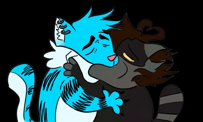 anthro black_body black_fur brown_hair duo ear_piercing enjoying eyes_closed fur grabbing_partner grey_body grey_fur hair hug hugging_another humor kiss_on_lips kissing looking_pleasured male male/male one_eye_obstructed piercing shitpost simple_background striped_body striped_fur stripes tail transparent_background white_body white_fur anonymous_artist phantomarcade_kiss lucas_(luc4s9) roy_oshuma canid canine canis felid hybrid mammal pantherine procyonid raccoon tiger wolf 5:3 alpha_channel digital_media_(artwork) hi_res meme