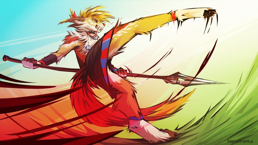 4_toes 5_fingers anthro blonde_hair feet fingers fur hair male smile solo toes weapon yellow_body yellow_fur neotheta felid feline mammal 16:9 2021 digital_media_(artwork) hi_res widescreen