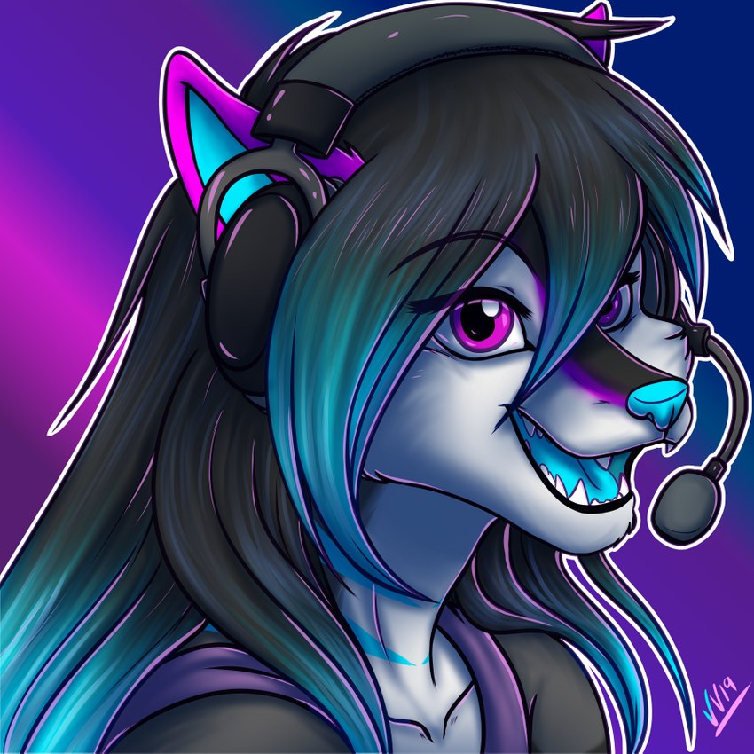 anthro blue_body blue_fur clothing electronics female fur gaming hair headgear headphones headset long_hair pink_body pink_fur playing_video_game purple_eyes shirt smile solo tank_top topwear conditional_dnp vilani yozora canid canine canis mammal wolf 1:1 bust_portrait portrait