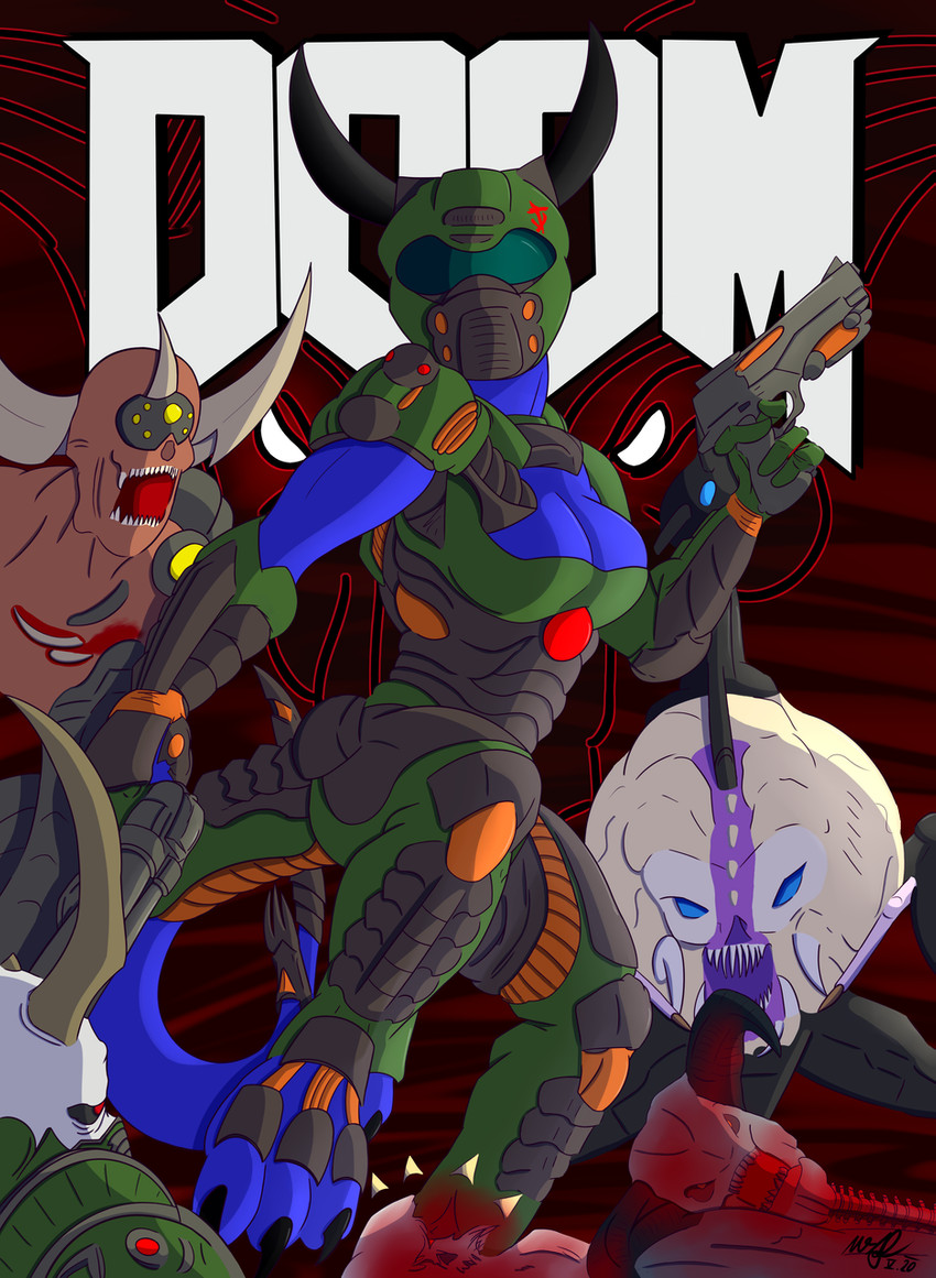 anthro armor female group gun handgun hell pistol ranged_weapon shotgun tail weapon wotan888 doom_(series) id_software microsoft mythology blau demon dragon mythological_creature mythological_scalie scalie hi_res