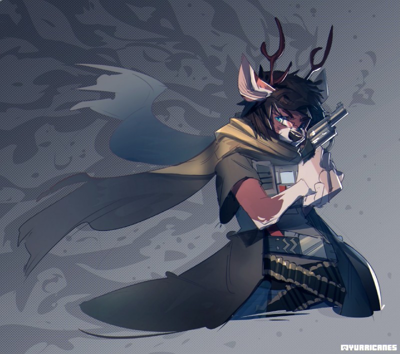 ammo_belt anthro antlers armor belt brown_body brown_fur brown_hair cape clothed clothing coat cyberpunk explosives eyewear fur glasses grenade gun hair handgun horn male ranged_weapon revolver scarf solo topwear weapon yurricanes cozmo_boa deer mammal signature