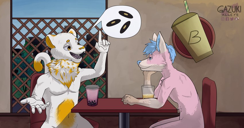 anthro beverage bubble_tea date dating detailed_background duo male male/male scenery tea gazuki canid canine canis cougar domestic_dog felid feline herding_dog mammal pastoral_dog welsh_corgi absurd_res hi_res