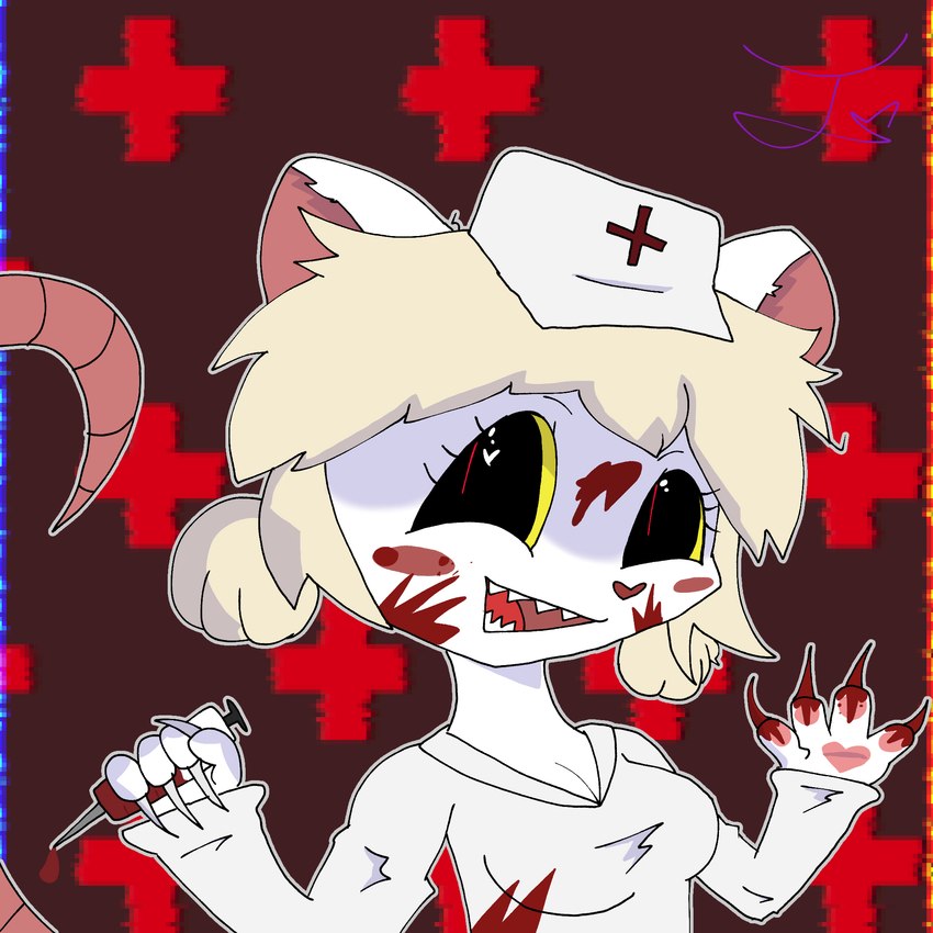 anthro black_eyes blonde_hair blood blush bodily_fluids breasts claws clothing female fur hair hat headgear headwear nails nurse nurse_clothing nurse_headwear pawpads paws smile solo syringe tail white_body white_fur yellow_eyes coolboy2006 terrible_mouse lorna_(terrible_mouse) mammal mouse murid murine rat rodent 1:1 hi_res