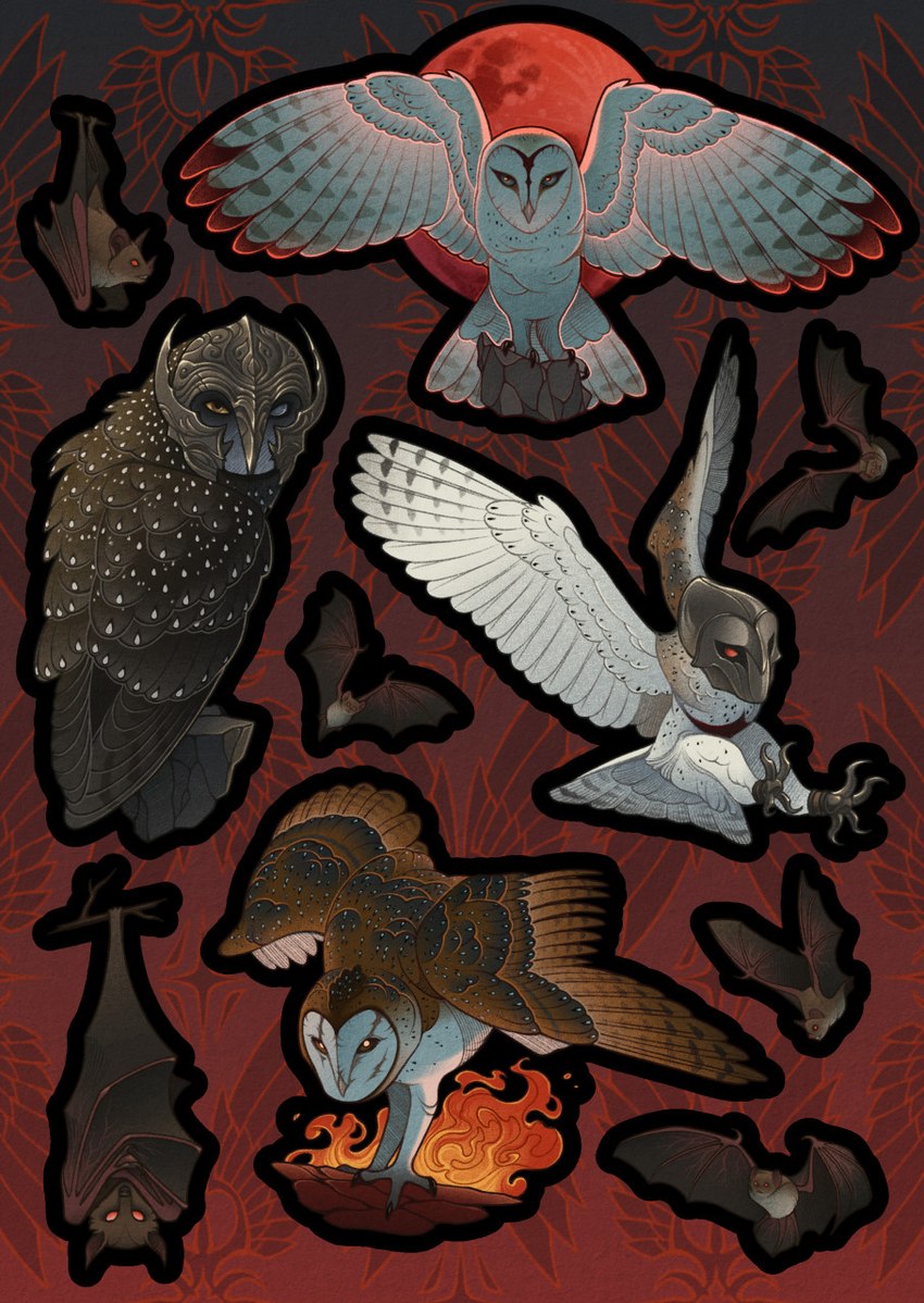 armor black_body black_feathers blood_moon brown_body brown_feathers feathers feet female feral fire flying group headgear helmet male mask red_background red_eyes simple_background talons toes white_body white_feathers labyart guardians_of_ga'hoole kludd metal_beak nyra_(gogh) avian barn_owl bat bird mammal owl sooty_owl tyto tytonid hi_res