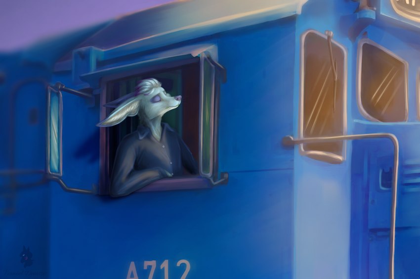 animal_ears anthro blue_body blue_clothing blue_fur blue_topwear clothing eyes_closed fur inside_locomotive inside_train locomotive male snout solo topwear train train_conductor vehicle windshield fexneel_denisse canid canine fennec_fox fox mammal true_fox 2022 digital_media_(artwork) hi_res watermark