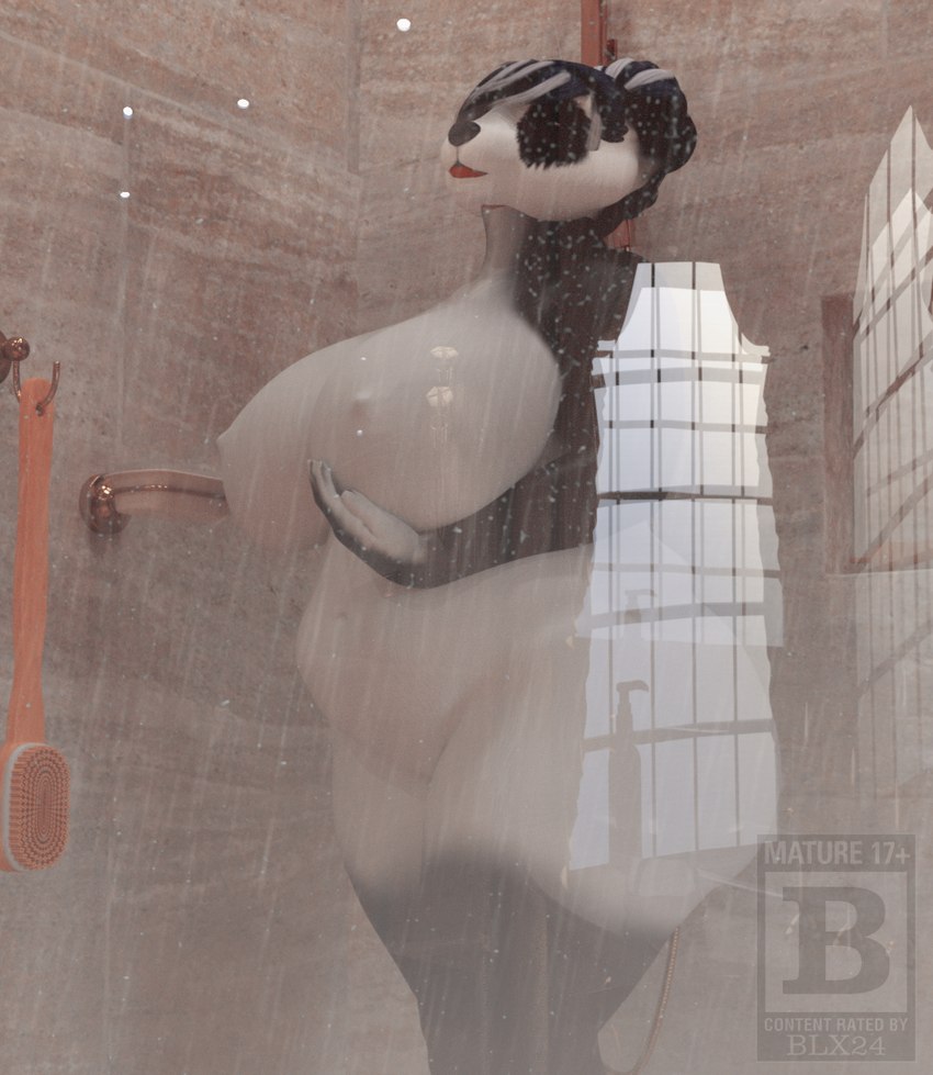 anthro bathroom belly big_breasts breasts curvy_figure female hair hair_bun lipstick makeup multicolored_hair nude red_lipstick reflection shower slightly_chubby standing text thick_thighs three-quarter_view two_tone_hair voluptuous wet wide_hips blx24 bear giant_panda mammal 3d_(artwork) digital_media_(artwork) english_text portrait three-quarter_portrait