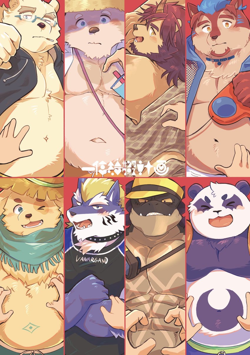 anthro belly belly_rub blonde_hair blush clothing collar eyebrows eyewear fur glasses group hair hat headgear headwear male muscular muscular_anthro muscular_male navel one_eye_closed overweight pink_body pink_fur scarf straw_hat thick_eyebrows white_body white_fur wink sawch_cls lifewonders tokyo_afterschool_summoners alp_(tas) cu_sith_(tas) fenrir_(tas) hastur_(tas) jambavan_(tas) leib_(tas) pazuzu_(tas) yuma_(tas) bear bird_dog canid canine canis domestic_dog felid giant_panda golden_retriever hunting_dog lion mammal pantherine polar_bear retriever scalie ursine wolf hi_res