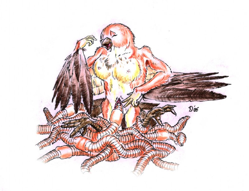 anthro anthro_on_feral anthro_pred bestiality breasts brown_body brown_fur brown_wings clitellum clitoris eyes_closed feathers feet female female_pred feral fur genitals hand_on_crotch living_insertion living_insertion_play looking_pleasured multiple_prey nipples non-mammal_breasts non-mammal_nipples nude open_mouth penetration pussy simple_background small_breasts solo standing talons toes unbirthing vaginal vaginal_penetration vore white_background willing_prey winged_arms wings yellow_body yellow_fur darkwolfie annelid avian bird earthworm oscine passerine sparrow worm 2006 signature traditional_media_(artwork)