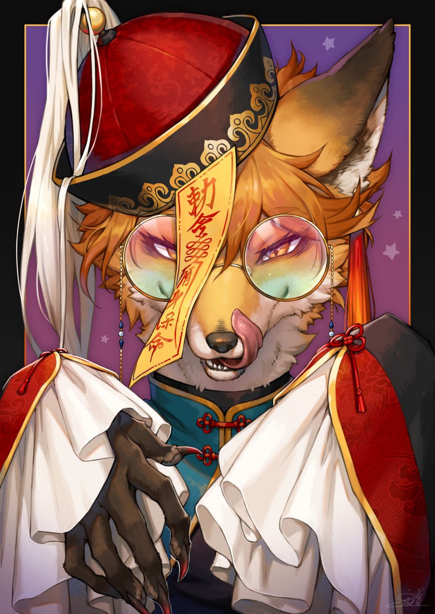 5_fingers anthro asian_clothing chinese_clothing claws clothed clothing countershade_fur countershading east_asian_clothing eyewear female fingers fur glasses hat headgear headwear looking_at_viewer pupils slit_pupils solo talisman tongue tongue_out kemokemono asian_mythology chinese_mythology east_asian_mythology mythology canid canine fox jiangshi mammal undead 2024 hi_res