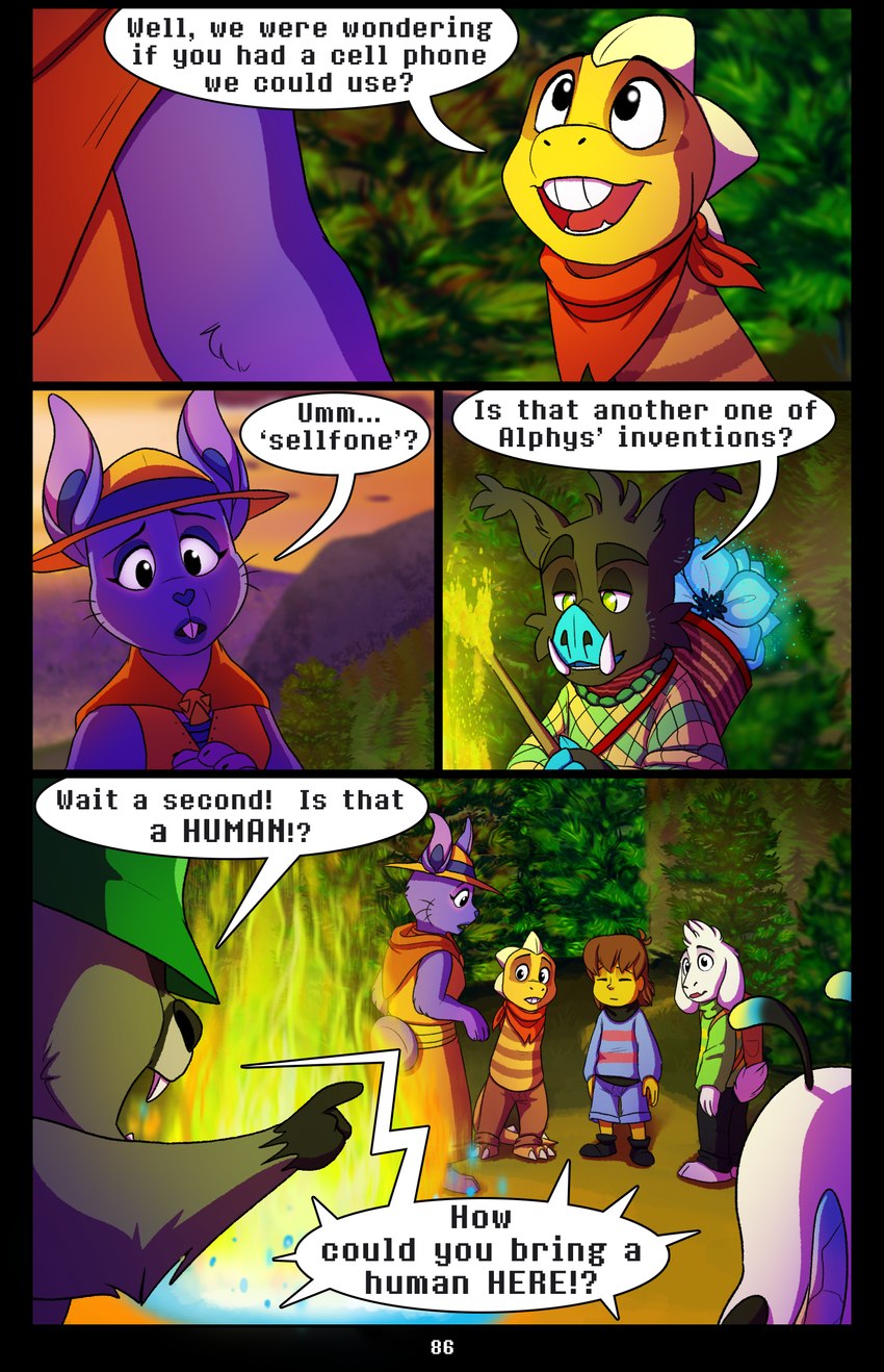 ambiguous_gender anthro campfire clothed clothing detailed_background dialogue female fire flower hat headgear headwear male outside plant sitting speech_bubble standing text tree absolutedream undertale undertale_(series) asriel_dreemurr frisk_(undertale) monster_kid rabbit_shopkeeper whimsun beaver boss_monster_(undertale) bovid caprine human lagomorph lizard mammal reptile rodent scalie suid suina sus_(pig) wild_boar absurd_res comic english_text hi_res