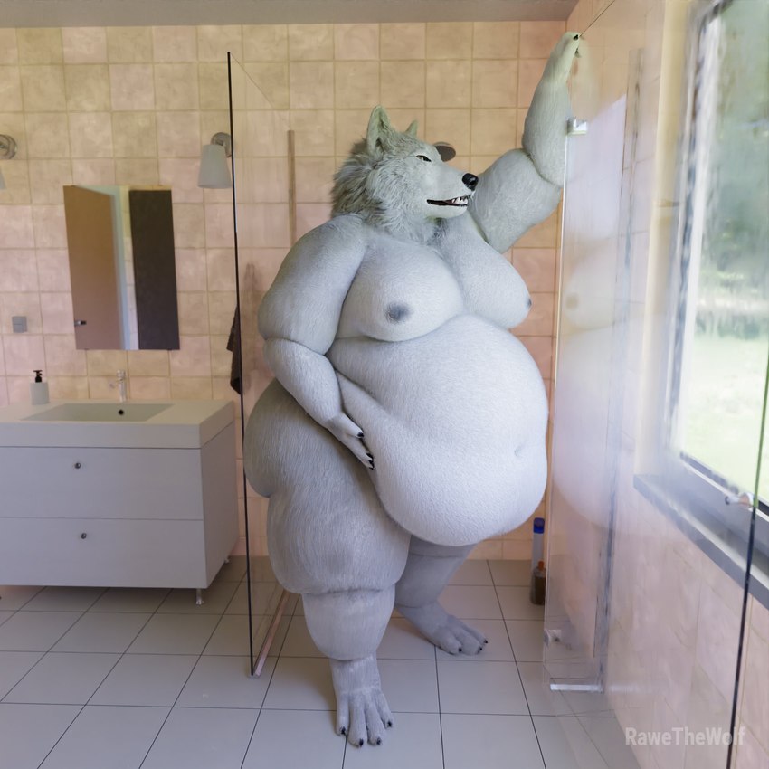 anthro bathroom bathroom_floor bathroom_sink bathroom_wall belly belly_overhang belly_play belly_squish big_belly big_moobs black_nails cheek_tuft claws colored_nails facial_tuft fangs fat_arms fat_rolls fluffy fur glass_surface huge_belly inside looking_at_self looking_at_window looking_away male moobs nails navel nude obese obese_anthro obese_male open_mouth overweight overweight_anthro overweight_male pose reflection solo squish standing teeth thick_arms thick_thighs tuft white_body white_fur yellow_eyes rawethewolf rawe_(rawethewolf) canid canine canis mammal wolf 1:1 2023 3d_(artwork) digital_media_(artwork) hi_res