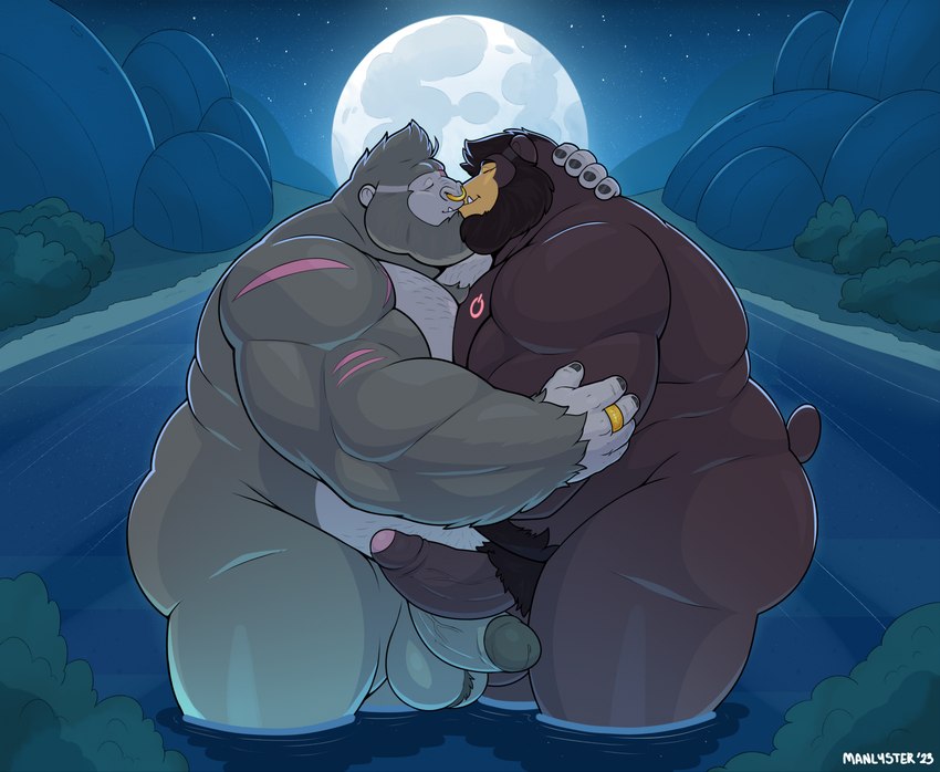 anthro ball_tuft balls beard belly_tuft brown_body detailed_background duo erection eyes_closed facial_hair facial_piercing genitals grey_body hand_on_arm hand_on_neck kissing male male/male muscular muscular_anthro muscular_male nose_piercing nose_ring nude overweight overweight_anthro overweight_male penis piercing ring ring_piercing tattoo tuft water manlyster fahz_(fahzthegorilla) ape bear gorilla haplorhine mammal primate 2023 hi_res