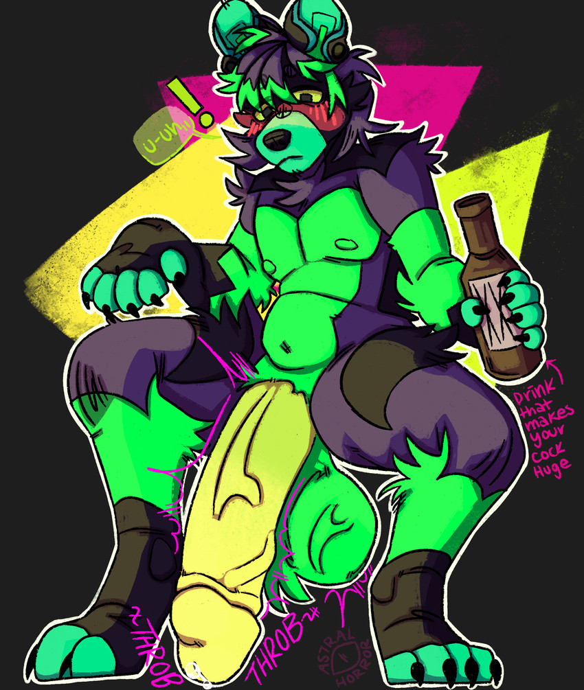 alcohol_bottle anthro balls big_balls big_penis biped blush blush_lines blushing_profusely bodily_fluids bright_colors erection genital_fluids genitals huge_balls huge_penis humanoid_genitalia humanoid_penis hyper hyper_balls hyper_genitalia hyper_penis leaking_precum male male_anthro penis precum sitting solo throbbing throbbing_balls throbbing_penis astralhorror juice_that_makes_your_cock_huge original_character_do_not_steal zion(astralhorror) canid canine canis domestic_dog mammal absurd_res hi_res