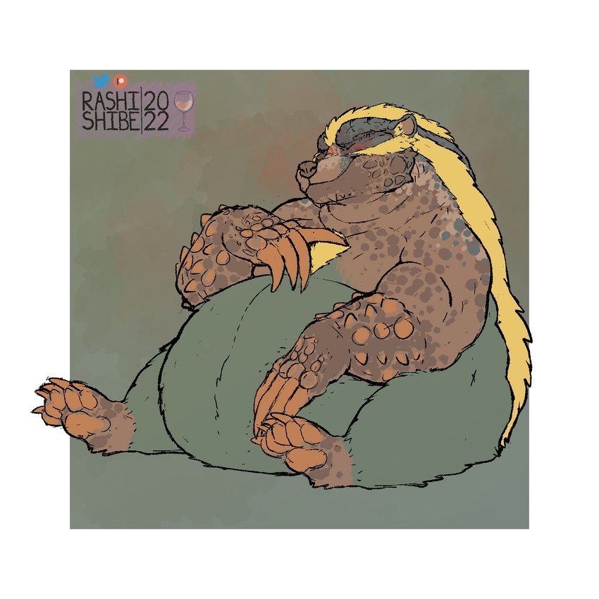 belly lounging obese overweight simple_background rashishibe capcom monster_hunter arzuros primatius 1:1 hi_res