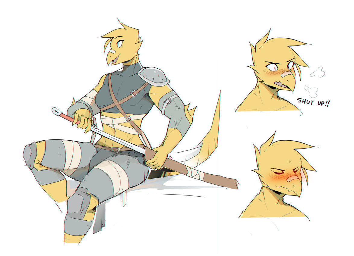 anthro athletic athletic_anthro athletic_male band-aid band-aid_on_beak bandage bandaged_torso beak biped blue_eyes blush blush_lines closed_frown dialogue eyes_closed frown looking_aside male melee_weapon midriff mouth_closed multiple_poses navel open_mouth open_smile pose scabbard simple_background sitting smile solo sword tail text weapon white_background yellow_body notglacier noah_(notglacier) avian dinosaur hybrid prehistoric_species reptile scalie 2020 absurd_res bust_portrait english_description english_text hi_res portrait three-quarter_portrait