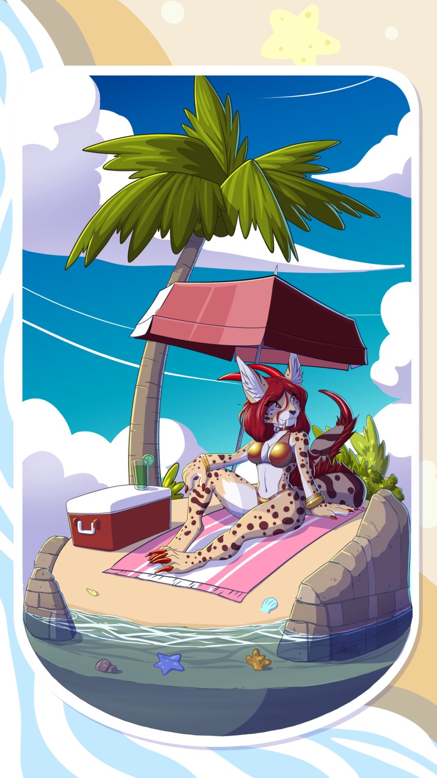 anthro beach beverage bracelet choker claws clothing cooler fangs female hair island jewelry necklace palm_tree plant red_eyes red_hair sabertooth_(anatomy) sand sea seashell shell smiley_face solo spots stinger swimwear teeth toe_claws tree umbrella water siekfried shiiine_qabal demon felid feline hybrid mammal prehistoric_species saber-toothed_tiger serval smilodon 2023 hi_res