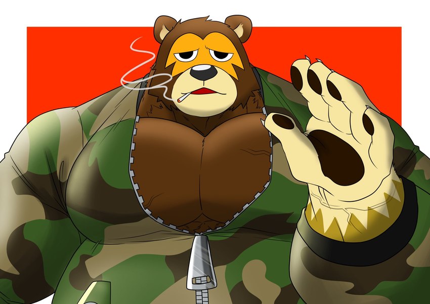 anthro black_nose brown_body clothed clothing humanoid_hands kemono male musclegut muscular simple_background smoking solo shillon0610 animal_crossing nintendo ike_(animal_crossing) bear mammal 2021 hi_res