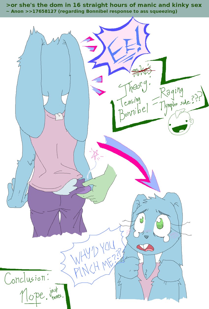 anthro bodily_fluids butt_pinch crying dialogue duo exclamation_point female fur imageboard male male/female pinch screaming scut_tail short_tail simple_background smiley_face speech_bubble tail tears text white_background ghost_(artist) 4chan five_nights_at_freddy's five_nights_at_freddy's_2 roommates:motha scottgames bonnibel_(roommates) mike_schmidt mike_schmidt_(roommates) human humanoid lagomorph leporid mammal rabbit 2017 english_text hi_res