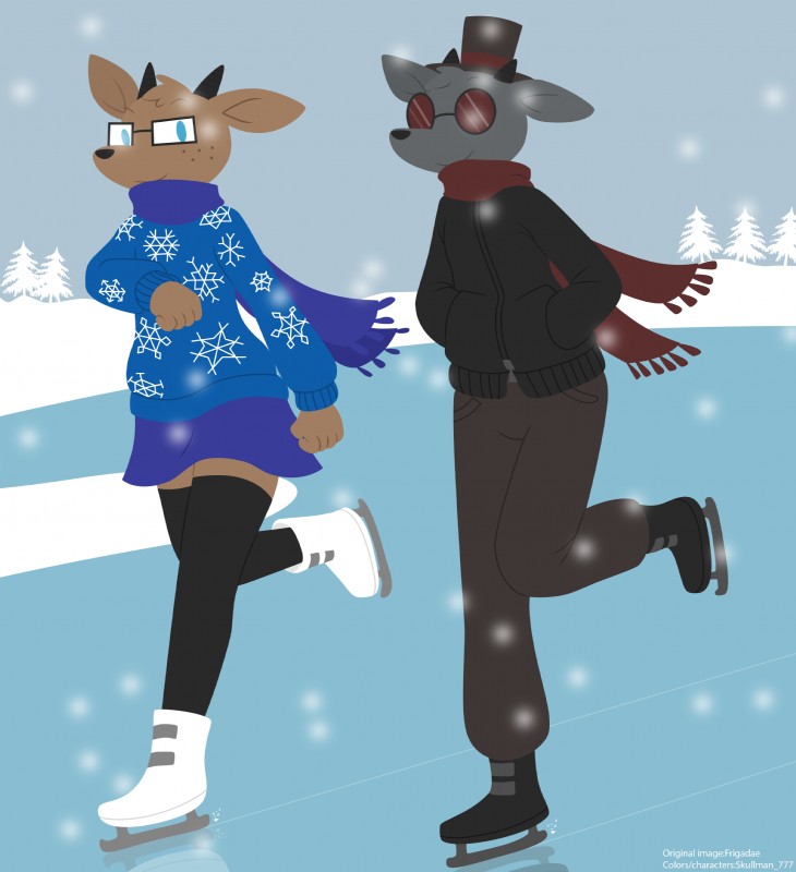 bottomwear clothing duo eyewear glasses hat headgear headwear ice ice_skates plant scarf skirt snow sweater topwear tree winter frigadae skullgoat777 scutley_(skullman_777) shelly_(skullman_777) bovid caprine goat mammal 2018 absurd_res hi_res