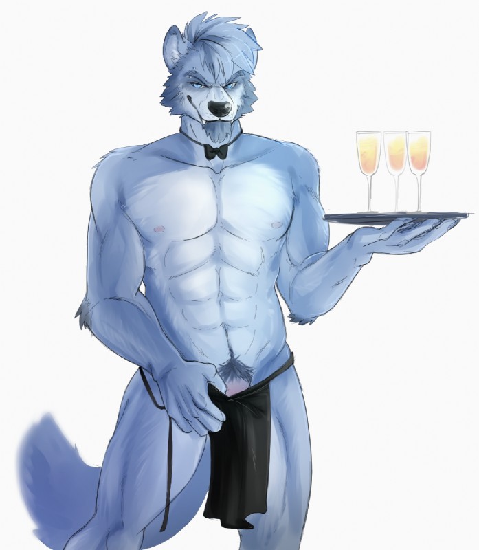 anthro blue_body blue_fur clothed clothing erection fur hair looking_at_viewer male nipples nude open_mouth penis simple_background smile solo standing amadeusvirus canid canine canis lagomorph mammal wolf hi_res