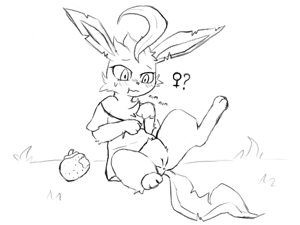 after_transformation anus berry bite_mark blush blush_lines bodily_fluids bottomless chewing clothed clothing featureless_crotch female feral food fruit gender_symbol gender_transformation genitals grass head_leaf humanoid_genitalia humanoid_genitalia_on_feral humanoid_vulva humanoid_vulva_on_feral leaf leaf_tail mtf_transformation oran_berry oversized_clothing partially_clothed plant pokemon_berry question_mark shrunk simple_background sitting solo species_transformation spread_legs spreading sweat sweatdrop symbol tail transformation transformation_through_food vulva oshoku_momiji nintendo pokemon canid eeveelution generation_4_pokemon leafeon mammal pokemon_(species) black_and_white hi_res monochrome