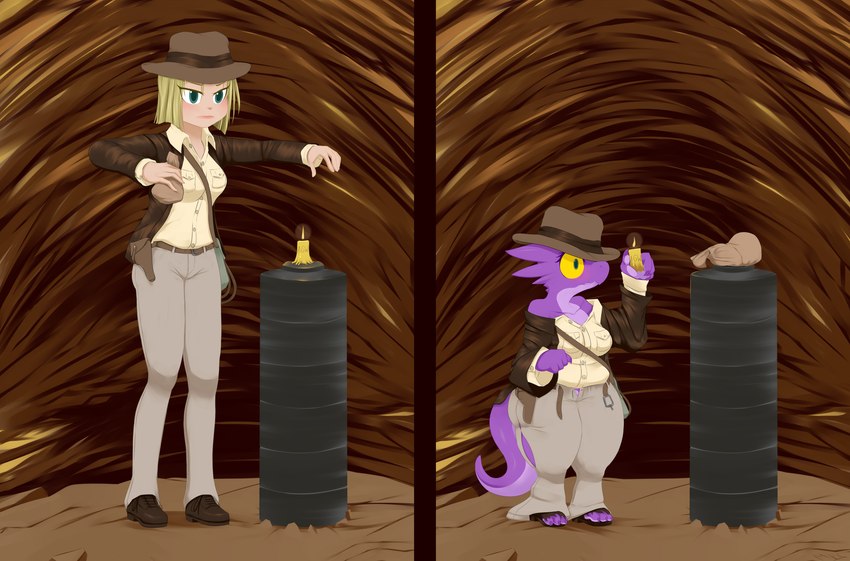 anthro before_and_after blonde_hair bottomwear breasts bullwhip candle clothing duo female footwear growth hair hat headgear headwear height_loss holding_candle holding_object holster holstered_pistol human_to_anthro jacket pants purple_body shoes short_stack short_stackification shrinking size_transformation solo species_transformation standing tail tail_growth topwear transformation wide_hips yellow_sclera mentalcrash human kobold mammal scalie 2021 absurd_res hi_res