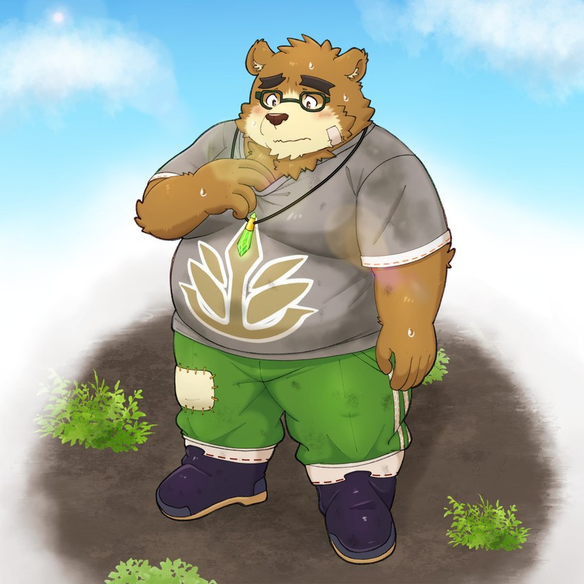 anthro belly big_belly blush bottomwear brown_body brown_fur clothing eyewear fur glasses humanoid_hands kemono male overweight overweight_male pants shirt solo topwear yaki_atsuage lifewonders tokyo_afterschool_summoners volos_(tas) bear mammal 2024 hi_res