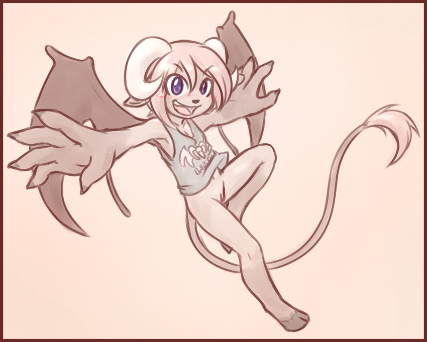 2_horns anthro bent_leg big_hands blush border bottomless bottomless_anthro bottomless_female claws clothed clothing curved_horn female female_anthro finger_claws fur genitals hair hooves horn jumping long_tail looking_at_viewer navel open_mouth open_smile pink_hair purple_eyes pussy red_border shirt shirt_only simple_background smile solo tail tan_body tan_fur tank_top tank_top_only topwear topwear_only wings young young_anthro young_female shouk satyr 2015 digital_drawing_(artwork) digital_media_(artwork) full-length_portrait portrait shaded