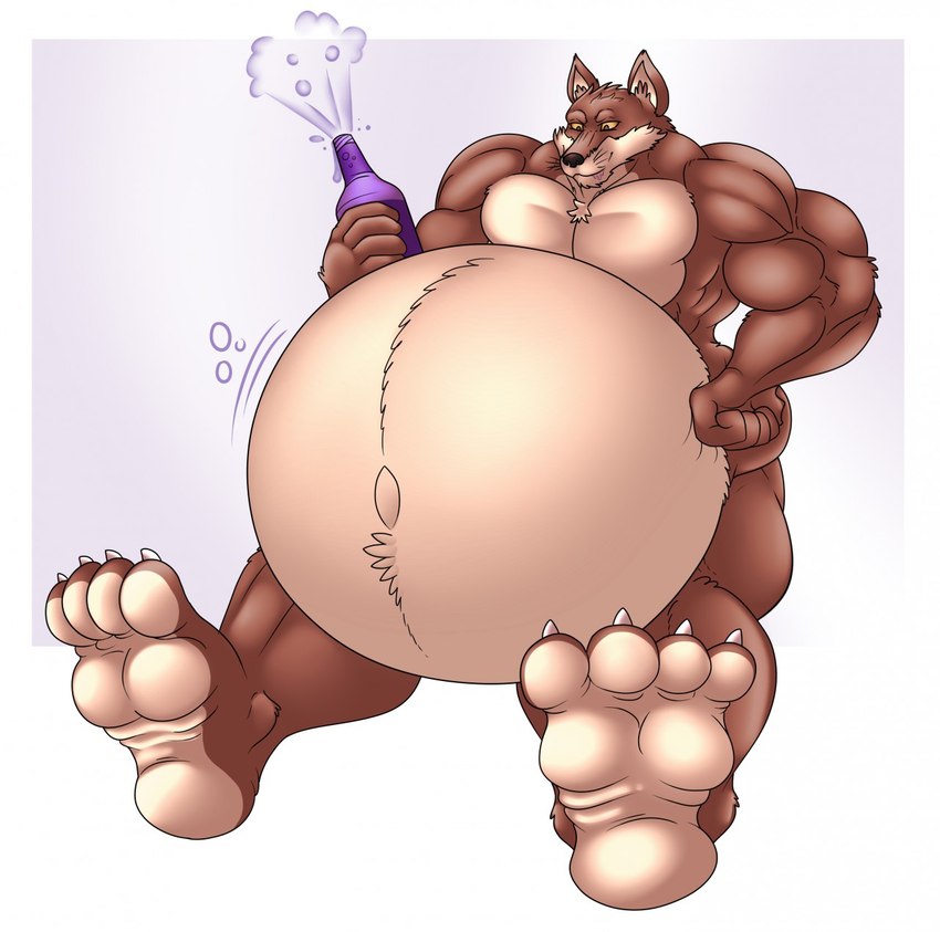 4_toes 5_fingers anthro belly belly_expansion belly_inflation belly_tuft beverage big_belly big_feet big_muscles black_nose brown_body brown_fur bubble bubbly claws expansion eyebrows feet fingers fur hand_on_belly hand_on_hip holding_beverage holding_object inflation looking_at_belly looking_down looking_down_at_self male motion_lines musclegut muscular muscular_anthro muscular_male navel simple_background sitting soda soda_bottle soda_inflation solo tan_belly toes tuft whiskers white_background yellow_sclera eggo21 bleach_(series) sajin_komamura canid canine canis mammal wolf hi_res