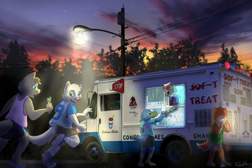 ambiguous_gender anthro commercial_vehicle delivery_(commerce) delivery_vehicle dessert evening female food food_truck group ice_cream ice_cream_van male medium_truck multi-stop_van street_lamp summer truck_(vehicle) van vehicle wistful young young_anthro cargoweasel cargoweasel_(character) avian bird canid canine canis domestic_cat domestic_dog felid feline felis husky mammal mustelid musteline nordic_sled_dog spitz true_musteline weasel wolf hi_res