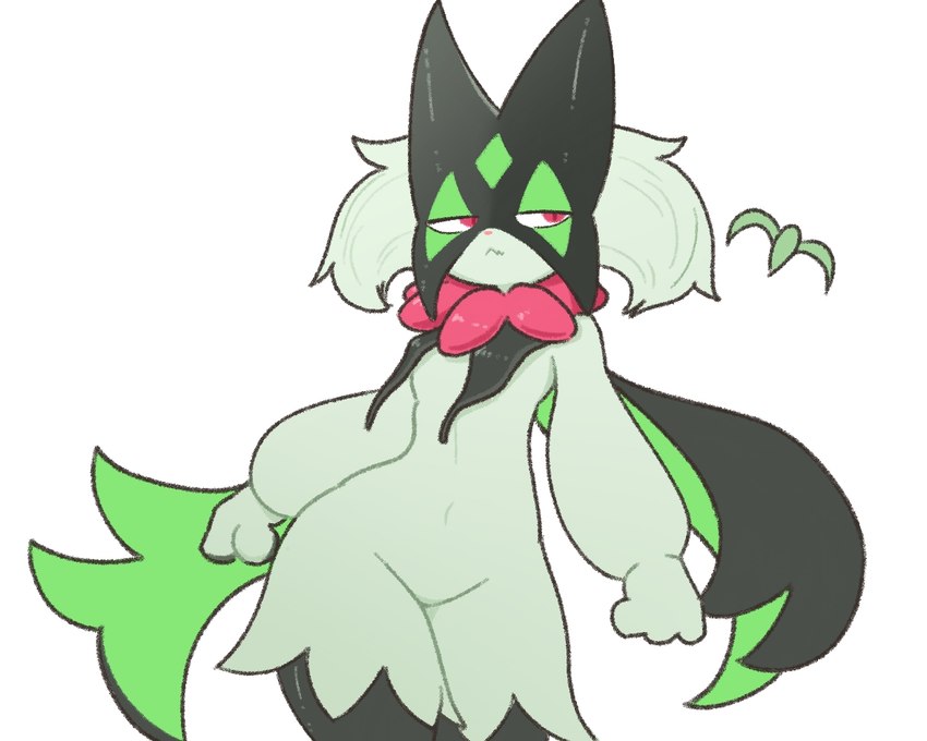 3_fingers :< anthro biped breasts featureless_crotch female female_anthro fingers frill_(anatomy) front_view fur green_body green_fur half-closed_eyes head_tuft kemono leaf leg_tuft looking_aside multicolored_body multicolored_fur narrowed_eyes navel neck_frill nude pink_eyes pink_nose plant red_eyes simple_background small_breasts small_waist solo standing tuft two_tone_body two_tone_fur white_background wide_hips lok_cat nintendo pokemon elemental_creature felid feline flora_fauna generation_9_pokemon mammal meowscarada pokemon_(species) 2023 5:4 colored digital_media_(artwork) portrait three-quarter_portrait