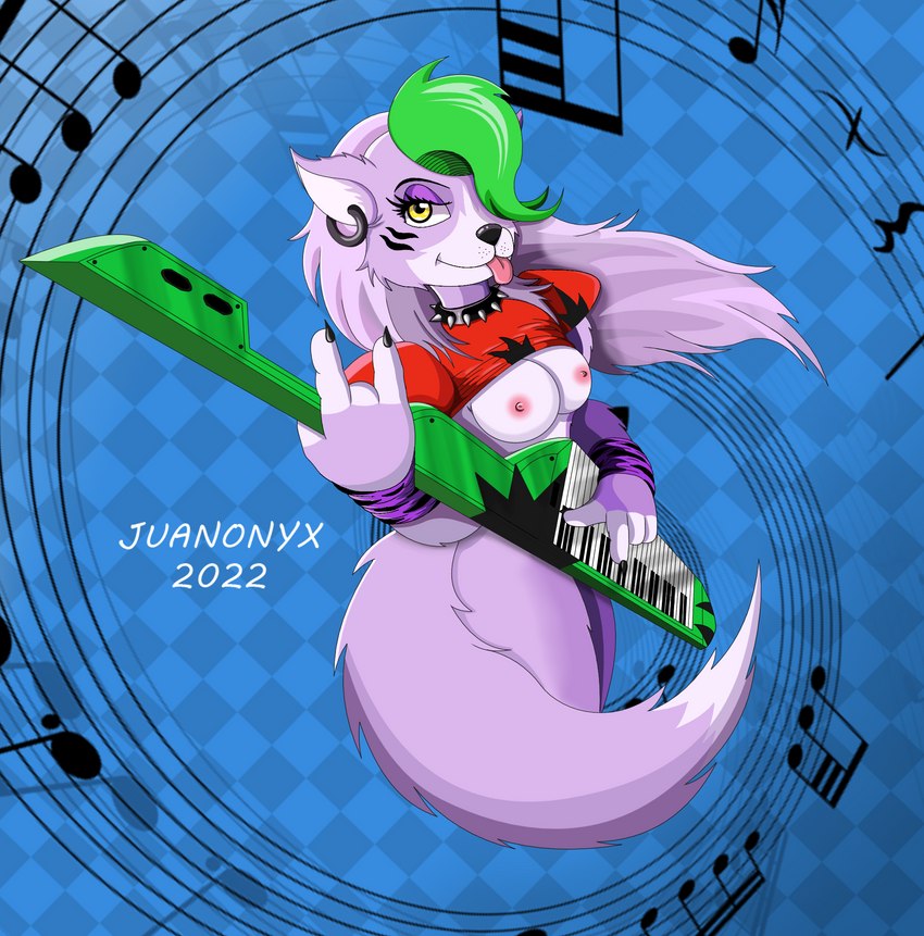 alternative_fashion anthro areola breasts ear_piercing ear_ring female fur glamrock hair long_hair machine music musical_instrument musical_note musical_symbol nipples perspective piercing punk_hair purple_body purple_fur ring_piercing solo spiral symbol juanonyx five_nights_at_freddy's five_nights_at_freddy's:_security_breach scottgames steel_wool_studios roxanne_wolf animatronic canid canine canis mammal robot wolf hi_res